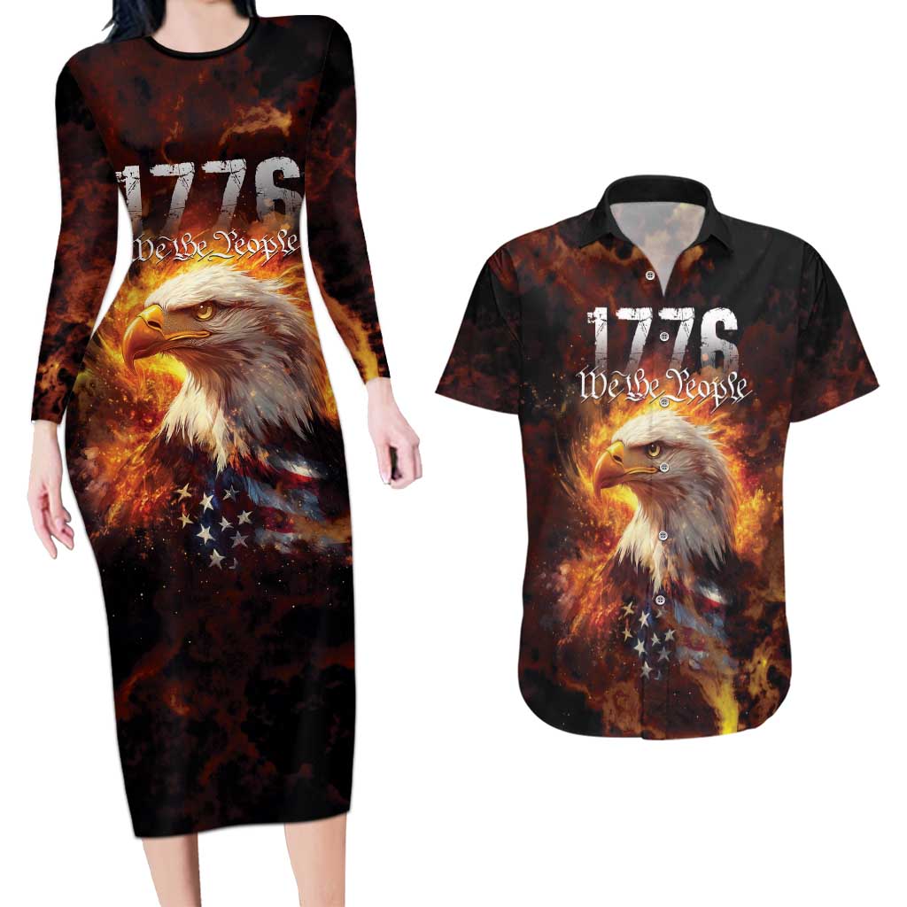 We The People Since 1776 Couples Matching Long Sleeve Bodycon Dress and Hawaiian Shirt USA Flag Flame Eagle - Wonder Print Shop