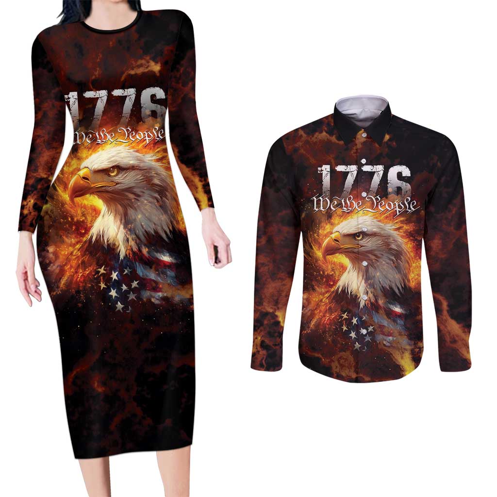 We The People Since 1776 Couples Matching Long Sleeve Bodycon Dress and Long Sleeve Button Shirt USA Flag Flame Eagle - Wonder Print Shop
