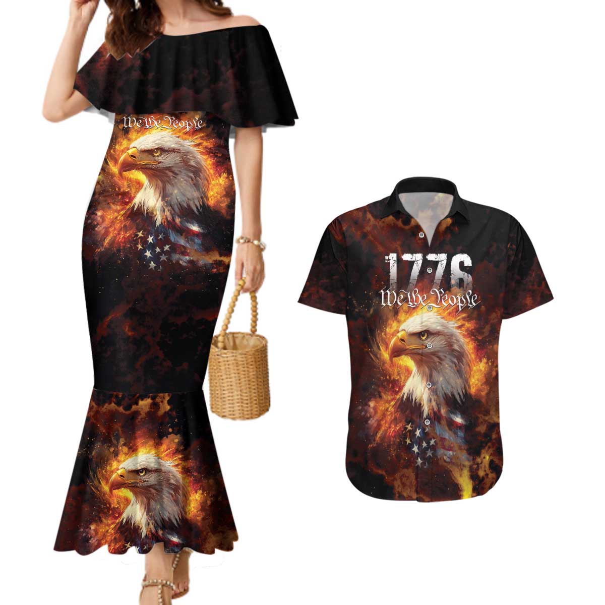 We The People Since 1776 Couples Matching Mermaid Dress and Hawaiian Shirt USA Flag Flame Eagle - Wonder Print Shop