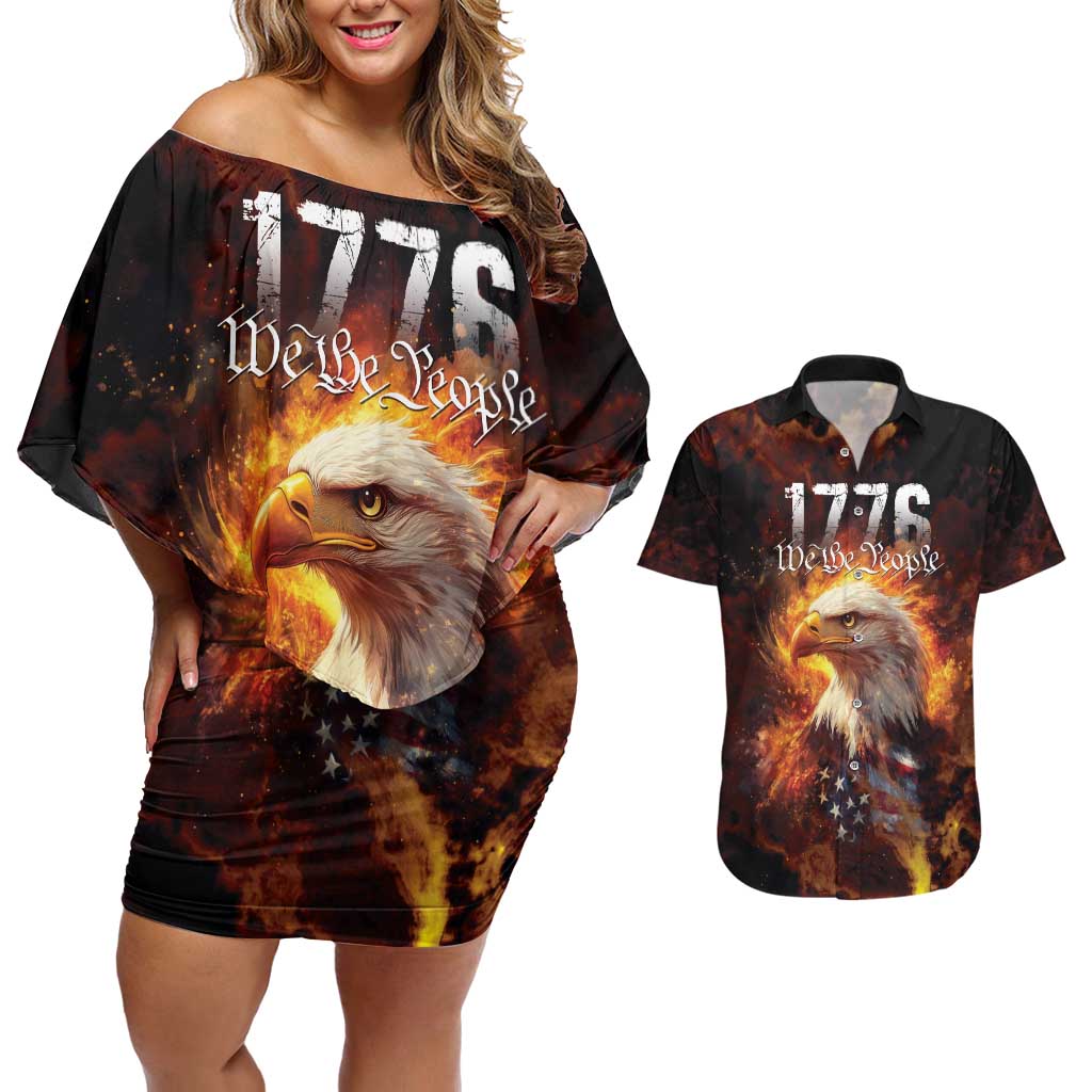 We The People Since 1776 Couples Matching Off Shoulder Short Dress and Hawaiian Shirt USA Flag Flame Eagle - Wonder Print Shop