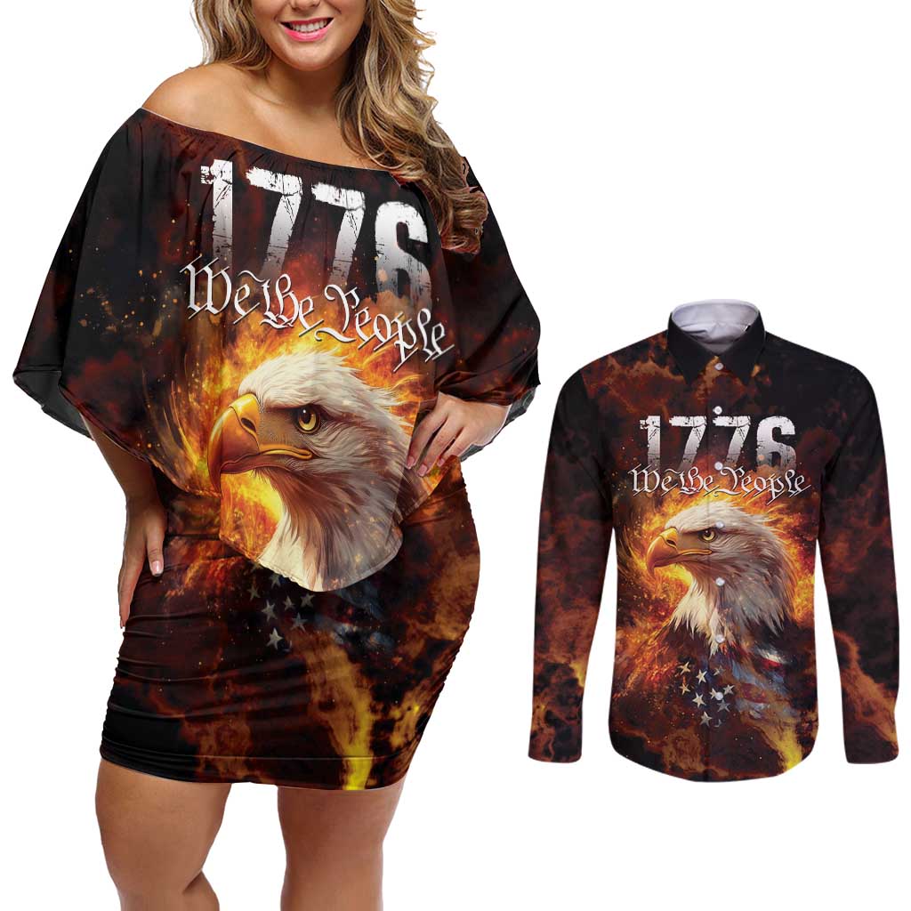 We The People Since 1776 Couples Matching Off Shoulder Short Dress and Long Sleeve Button Shirt USA Flag Flame Eagle - Wonder Print Shop