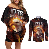 We The People Since 1776 Couples Matching Off Shoulder Short Dress and Long Sleeve Button Shirt USA Flag Flame Eagle - Wonder Print Shop