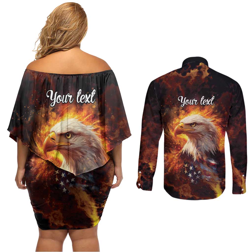 We The People Since 1776 Couples Matching Off Shoulder Short Dress and Long Sleeve Button Shirt USA Flag Flame Eagle - Wonder Print Shop