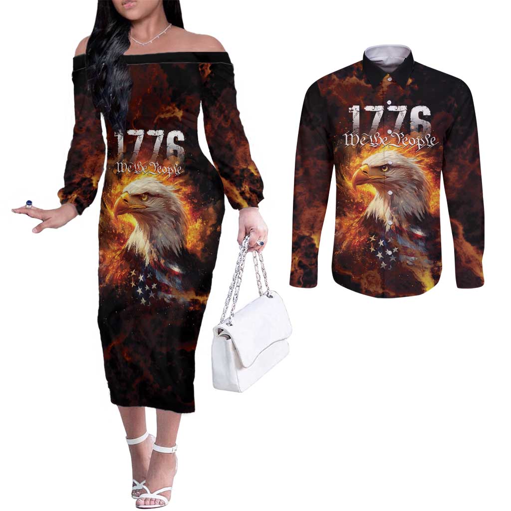We The People Since 1776 Couples Matching Off The Shoulder Long Sleeve Dress and Long Sleeve Button Shirt USA Flag Flame Eagle - Wonder Print Shop