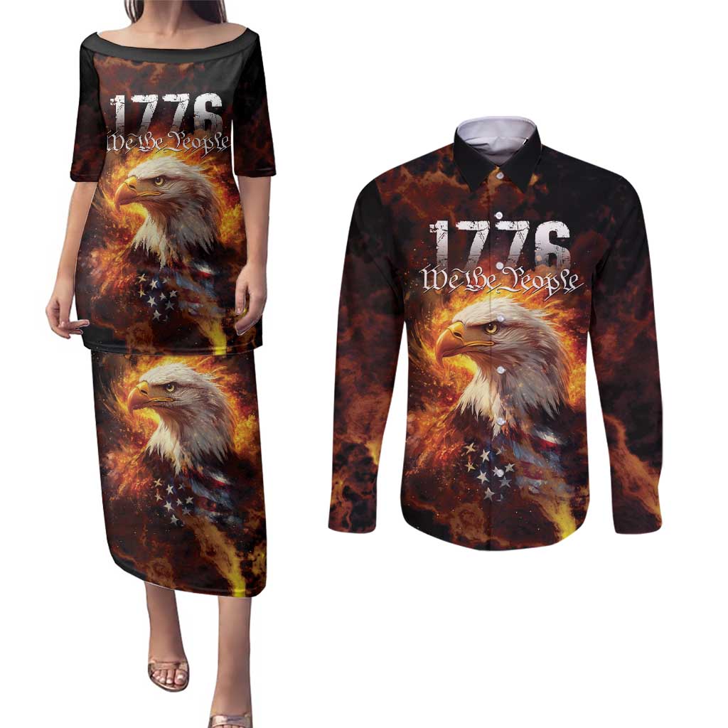 We The People Since 1776 Couples Matching Puletasi and Long Sleeve Button Shirt USA Flag Flame Eagle - Wonder Print Shop