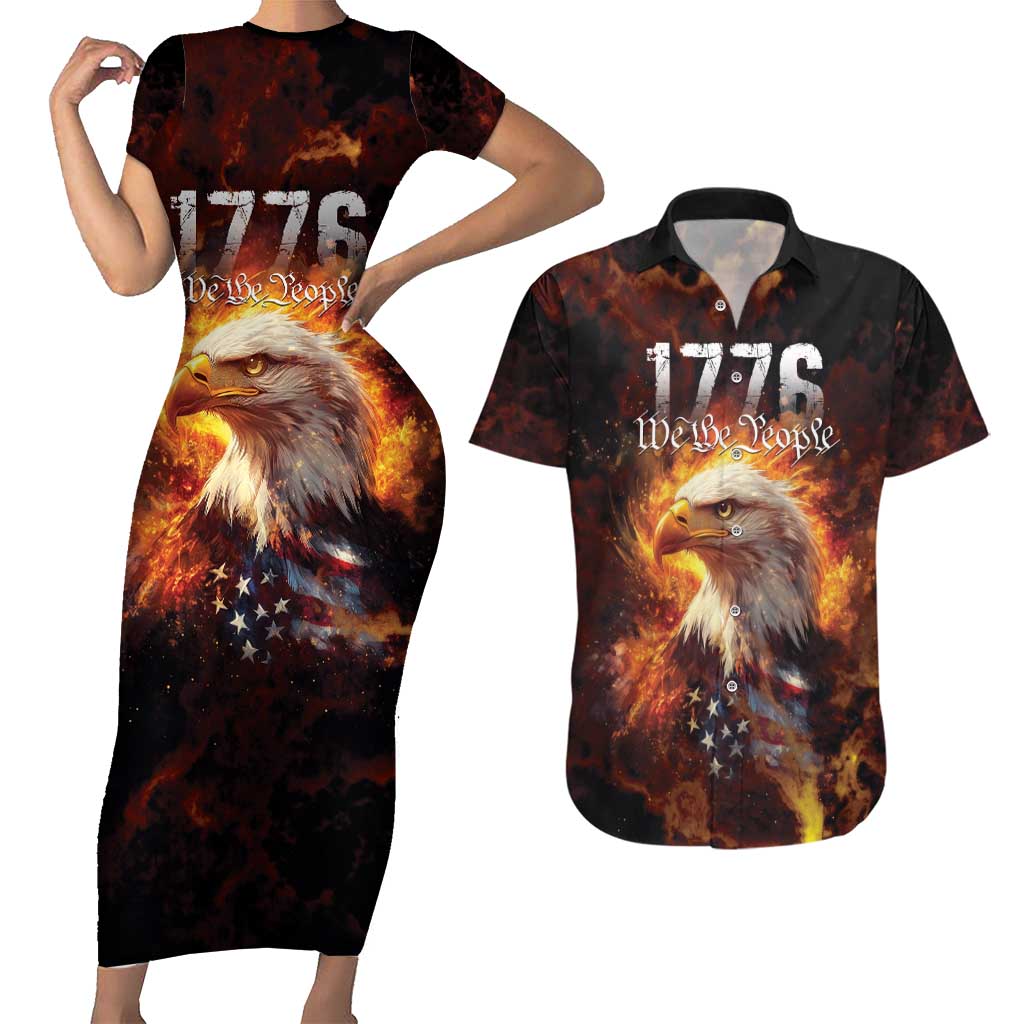 We The People Since 1776 Couples Matching Short Sleeve Bodycon Dress and Hawaiian Shirt USA Flag Flame Eagle - Wonder Print Shop