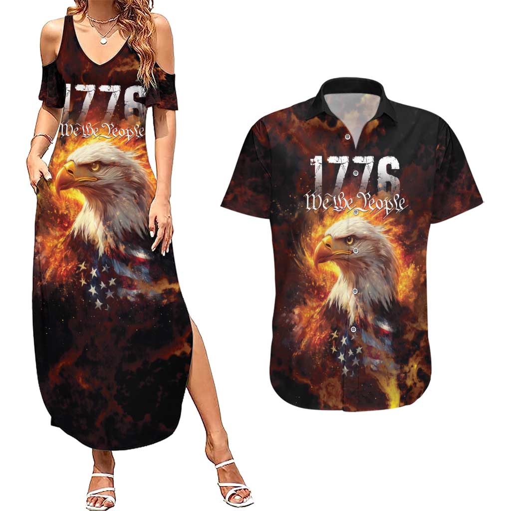We The People Since 1776 Couples Matching Summer Maxi Dress and Hawaiian Shirt USA Flag Flame Eagle - Wonder Print Shop