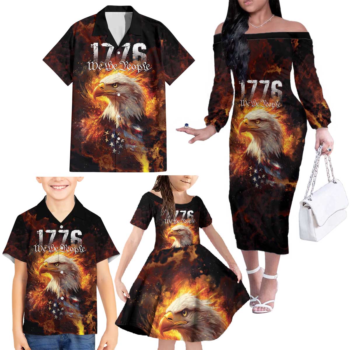 We The People Since 1776 Family Matching Off The Shoulder Long Sleeve Dress and Hawaiian Shirt USA Flag Flame Eagle - Wonder Print Shop