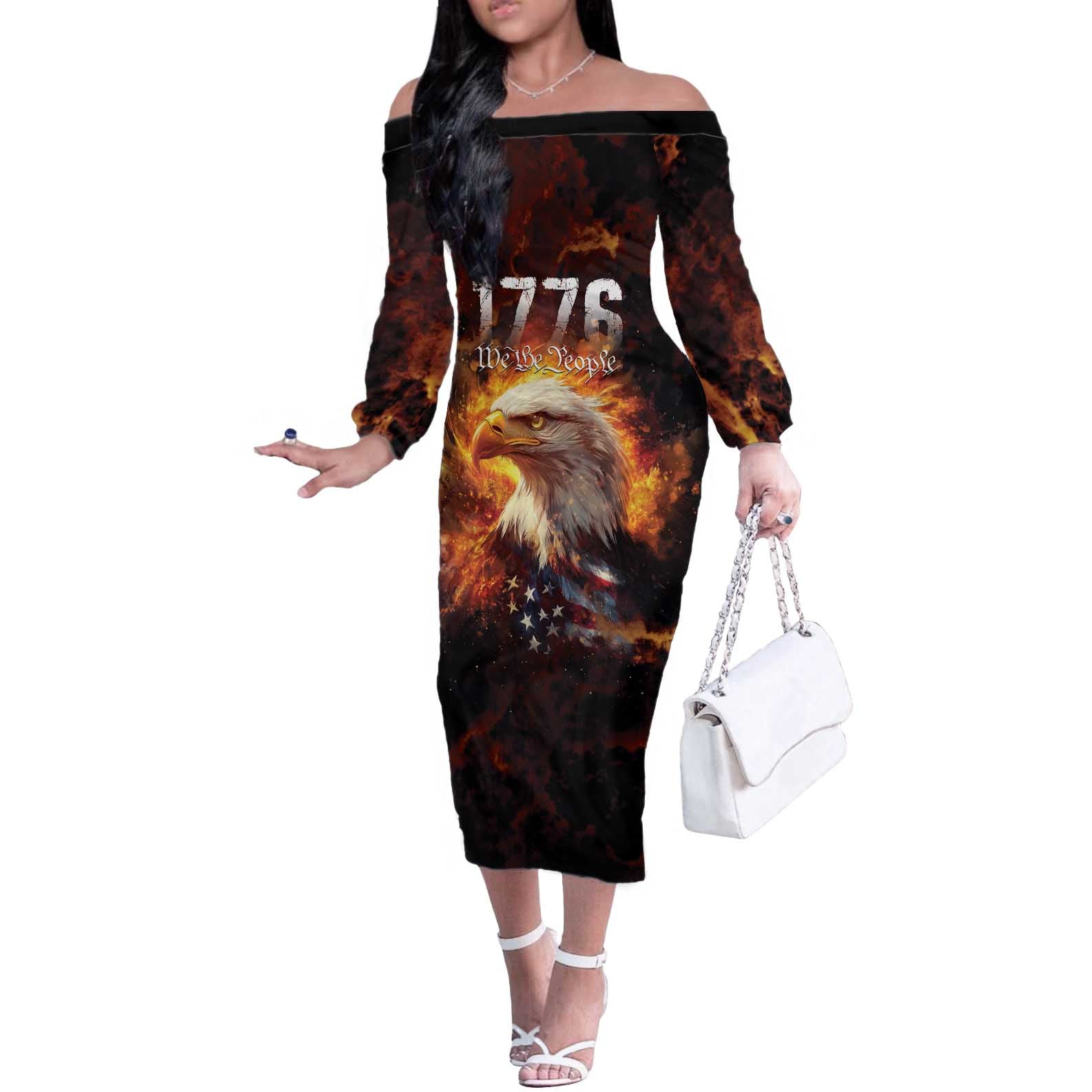 We The People Since 1776 Off The Shoulder Long Sleeve Dress USA Flag Flame Eagle - Wonder Print Shop