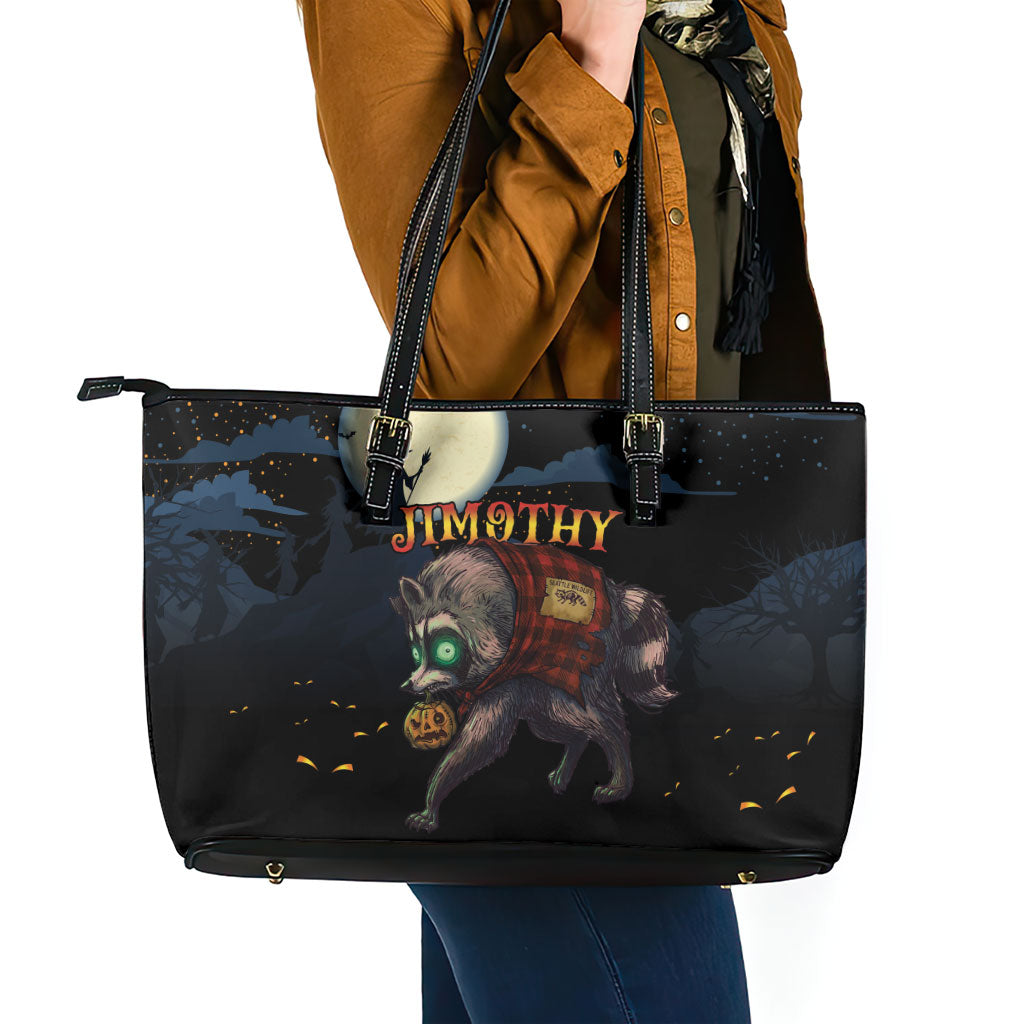 Halloween Raccoon Jimothy Leather Tote Bag