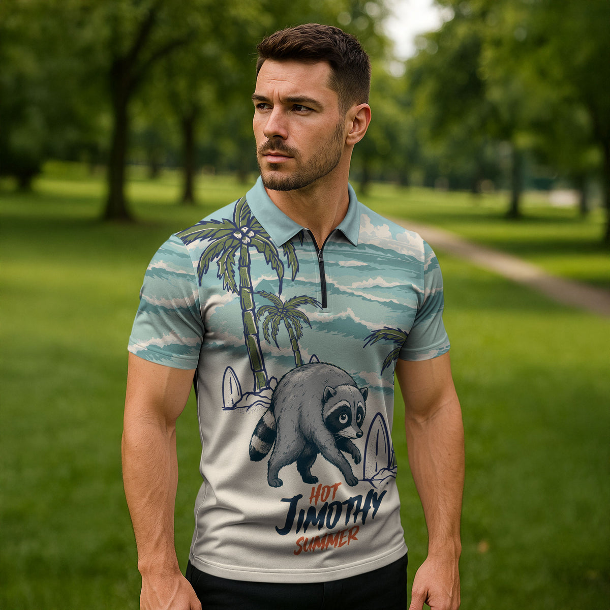 Hot Jimothy Summer Retro Style Zipper Polo Shirt