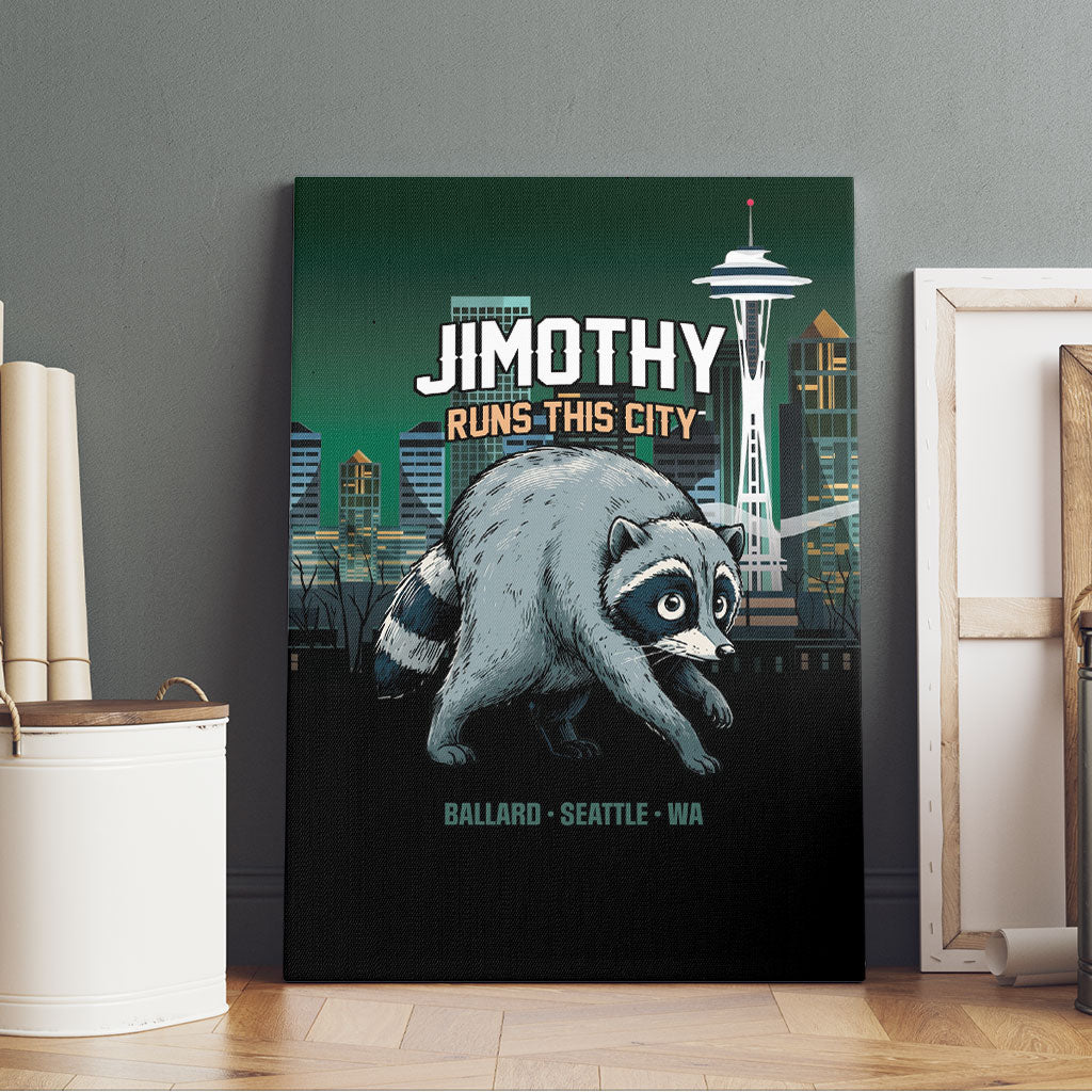 Raccoon Jimothy Runs This City Canvas Wall Art