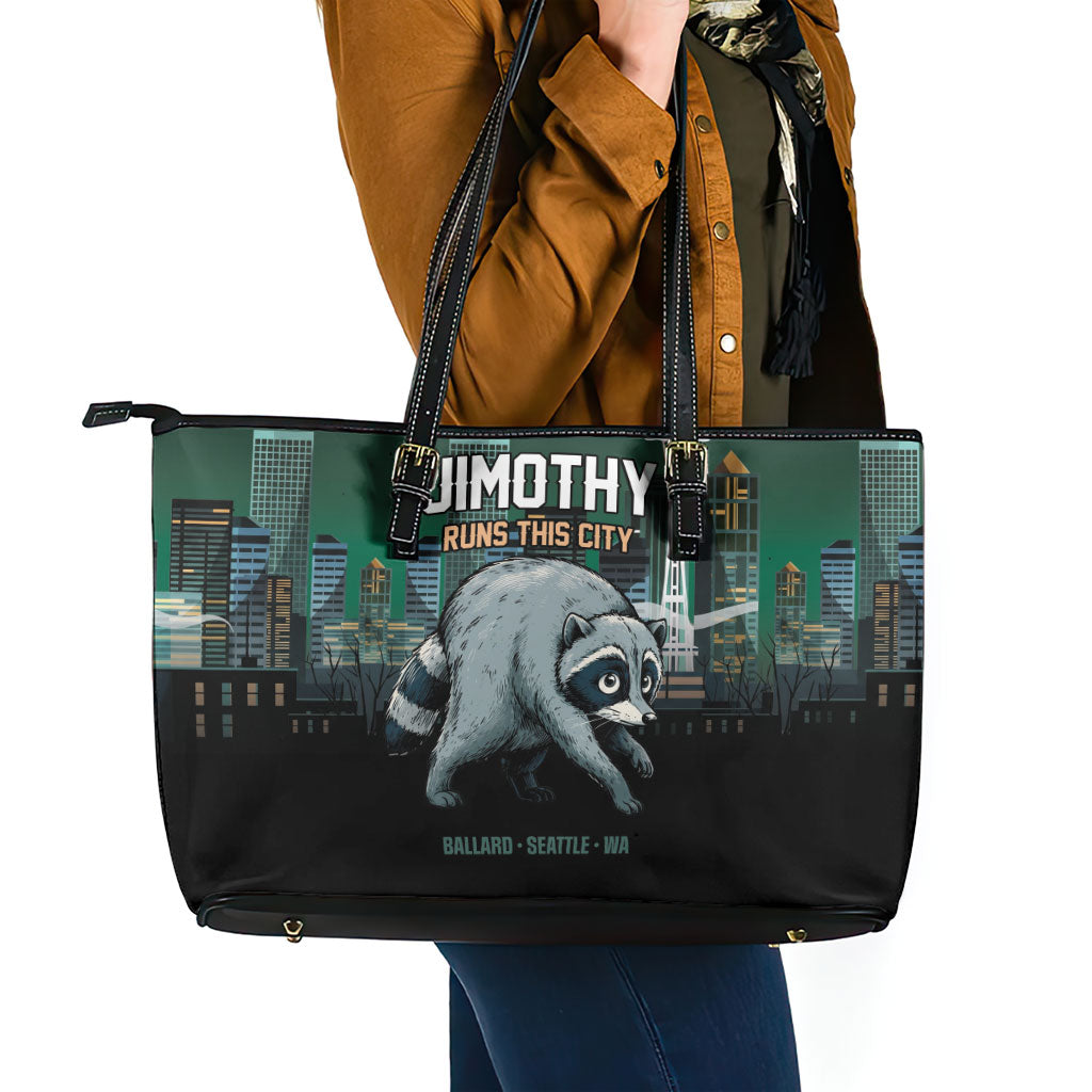 Raccoon Jimothy Runs This City Leather Tote Bag