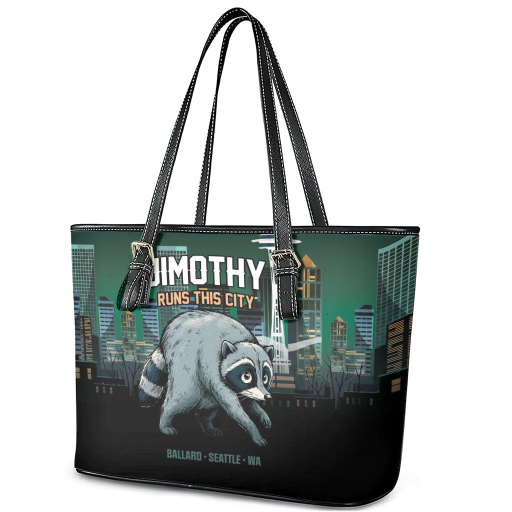 Raccoon Jimothy Runs This City Leather Tote Bag