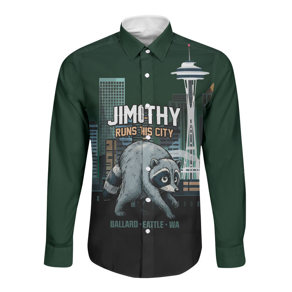 Raccoon Jimothy Runs This City Long Sleeve Button Shirt