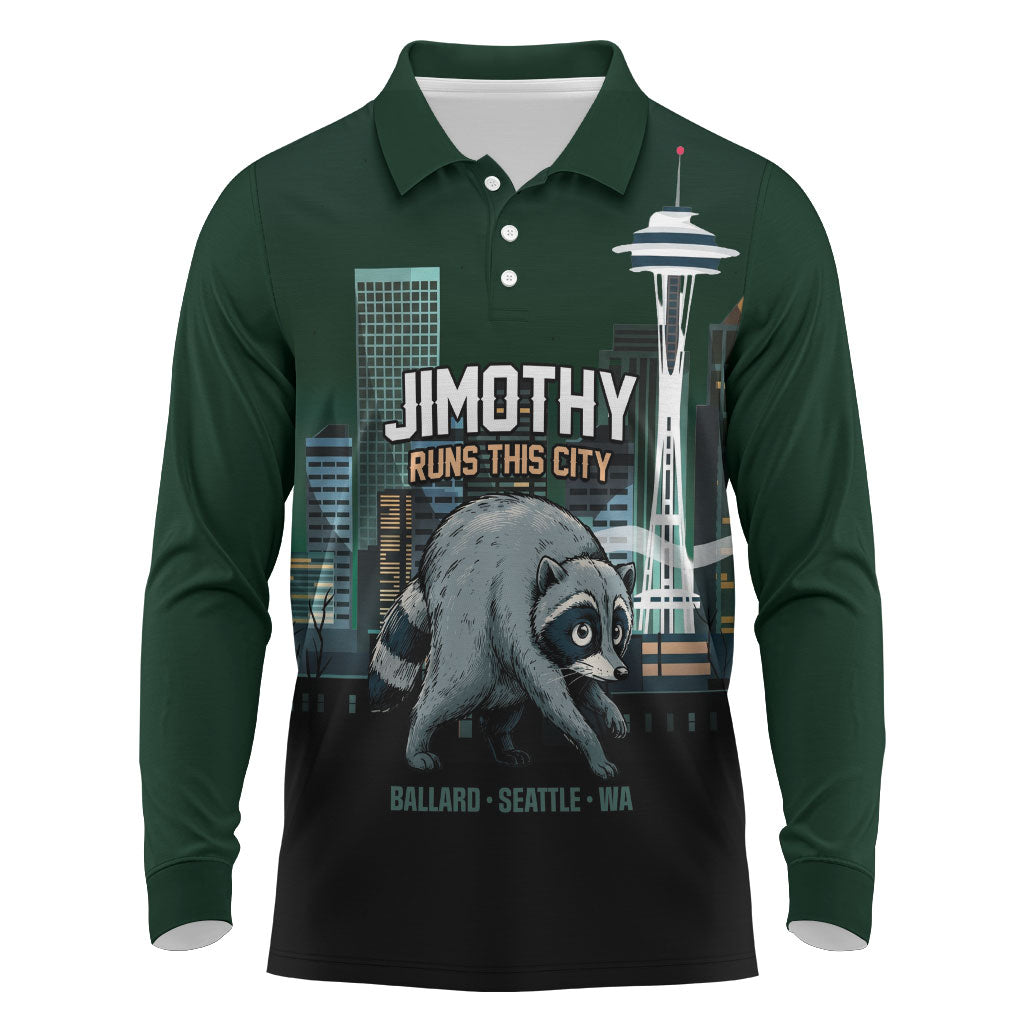 Raccoon Jimothy Runs This City Long Sleeve Polo Shirt