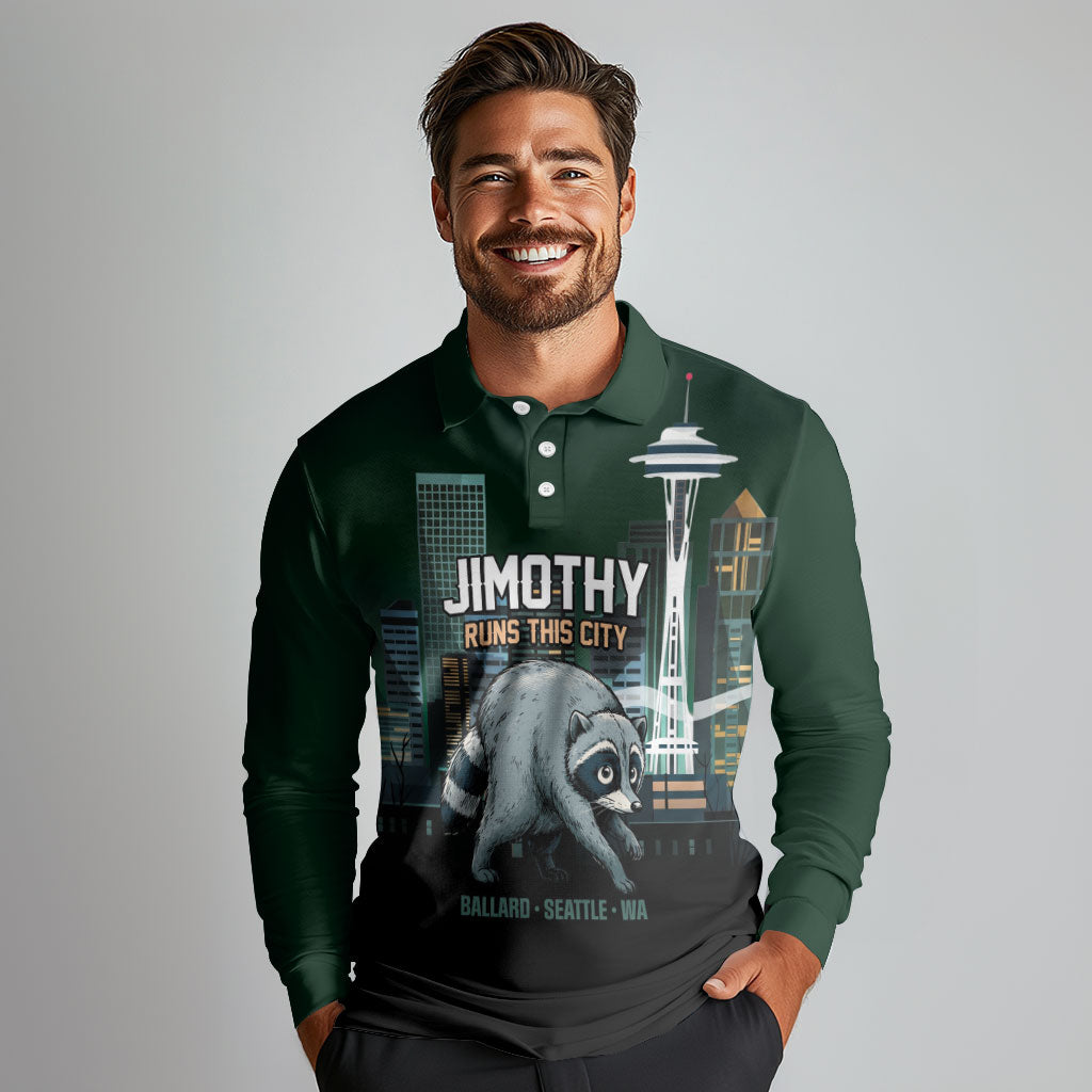 Raccoon Jimothy Runs This City Long Sleeve Polo Shirt