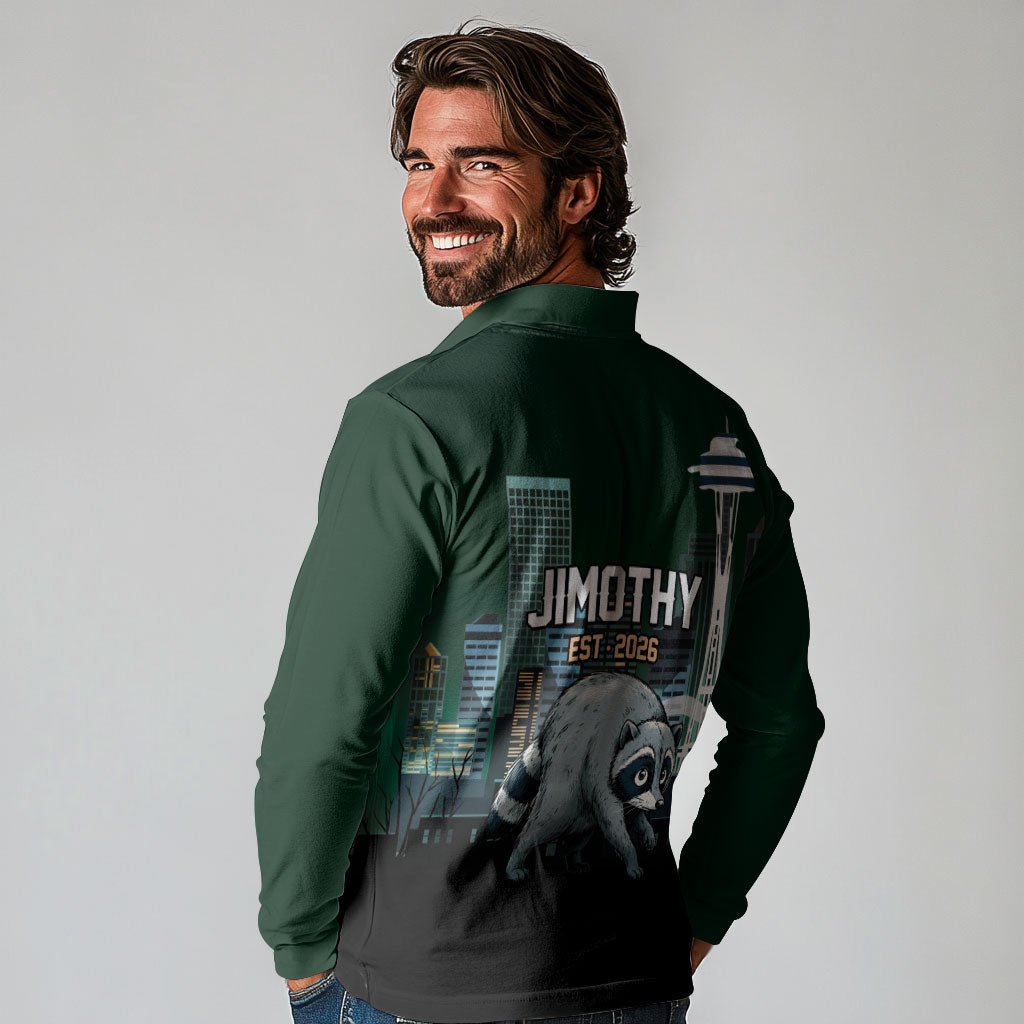 Raccoon Jimothy Runs This City Long Sleeve Polo Shirt