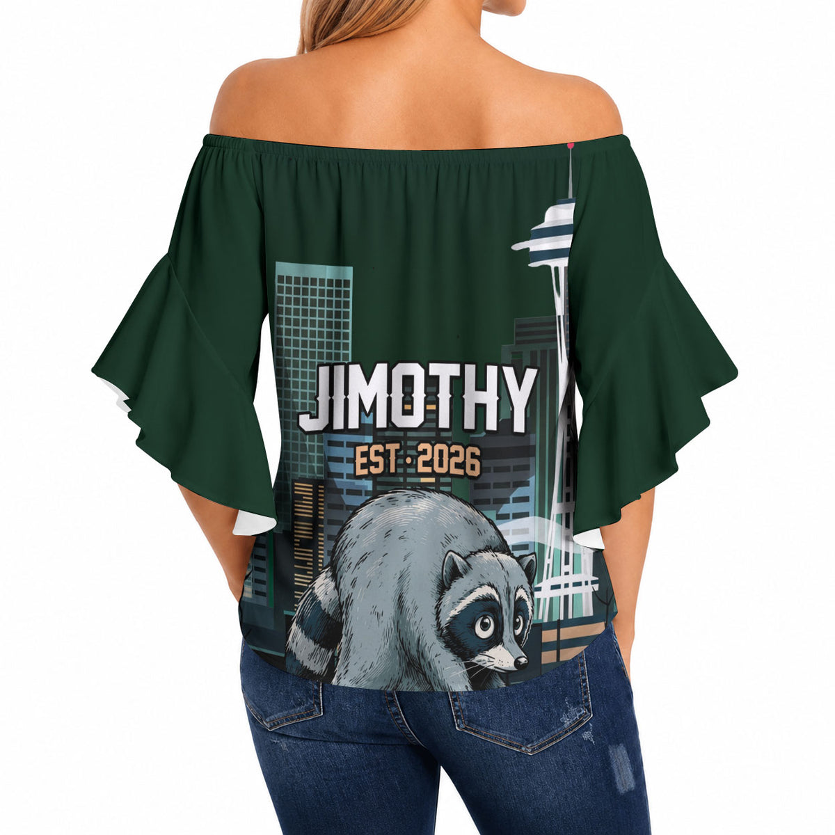 Raccoon Jimothy Runs This City Off Shoulder Wrap Waist Top