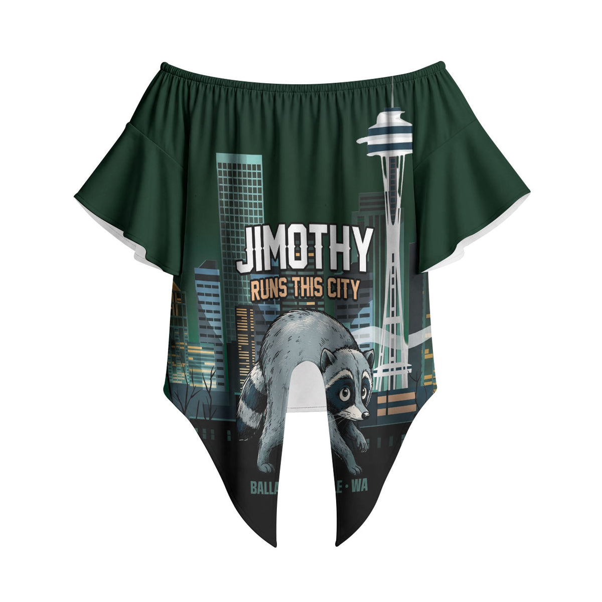 Raccoon Jimothy Runs This City Off Shoulder Wrap Waist Top