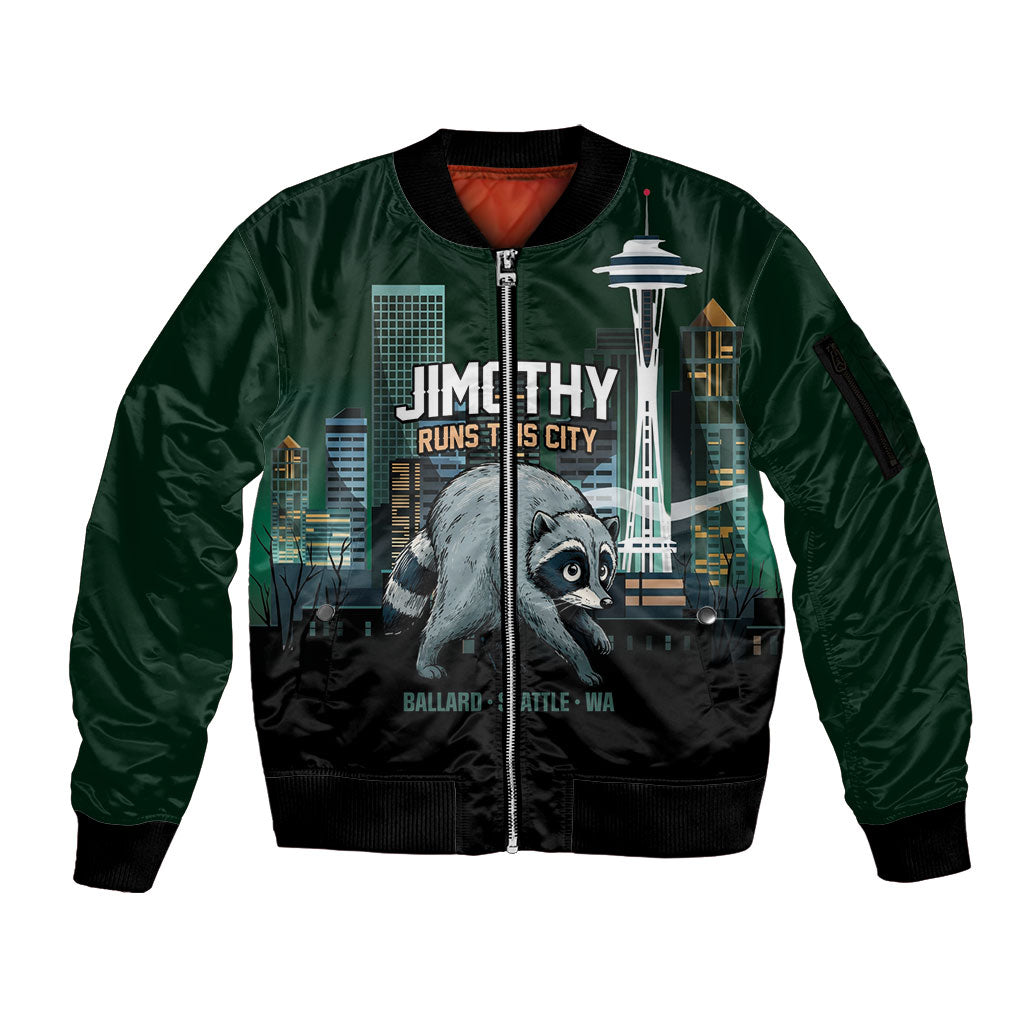 Raccoon Jimothy Runs This City Sleeve Zip Bomber Jacket