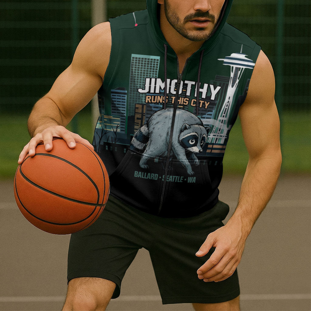 Raccoon Jimothy Runs This City Sleeveless Zip Hoodie
