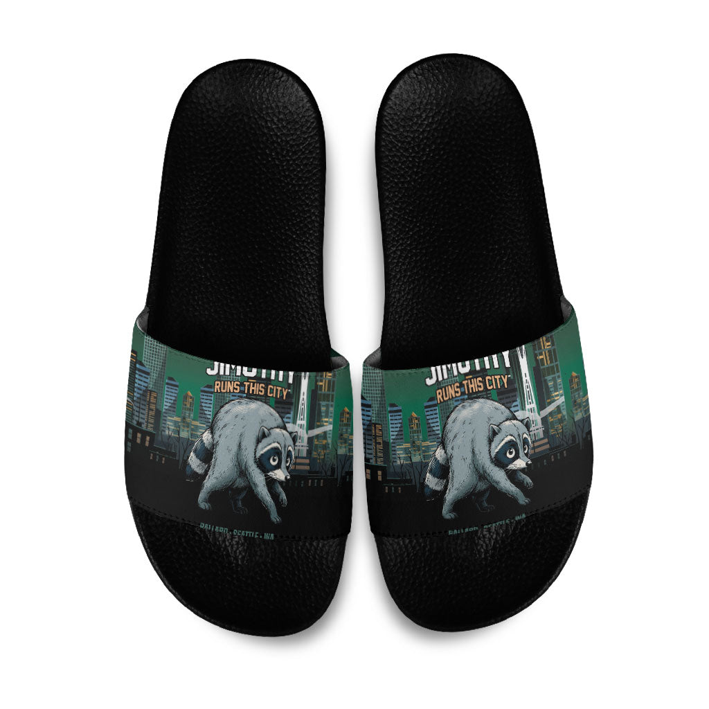 Raccoon Jimothy Runs This City Slide Sandals