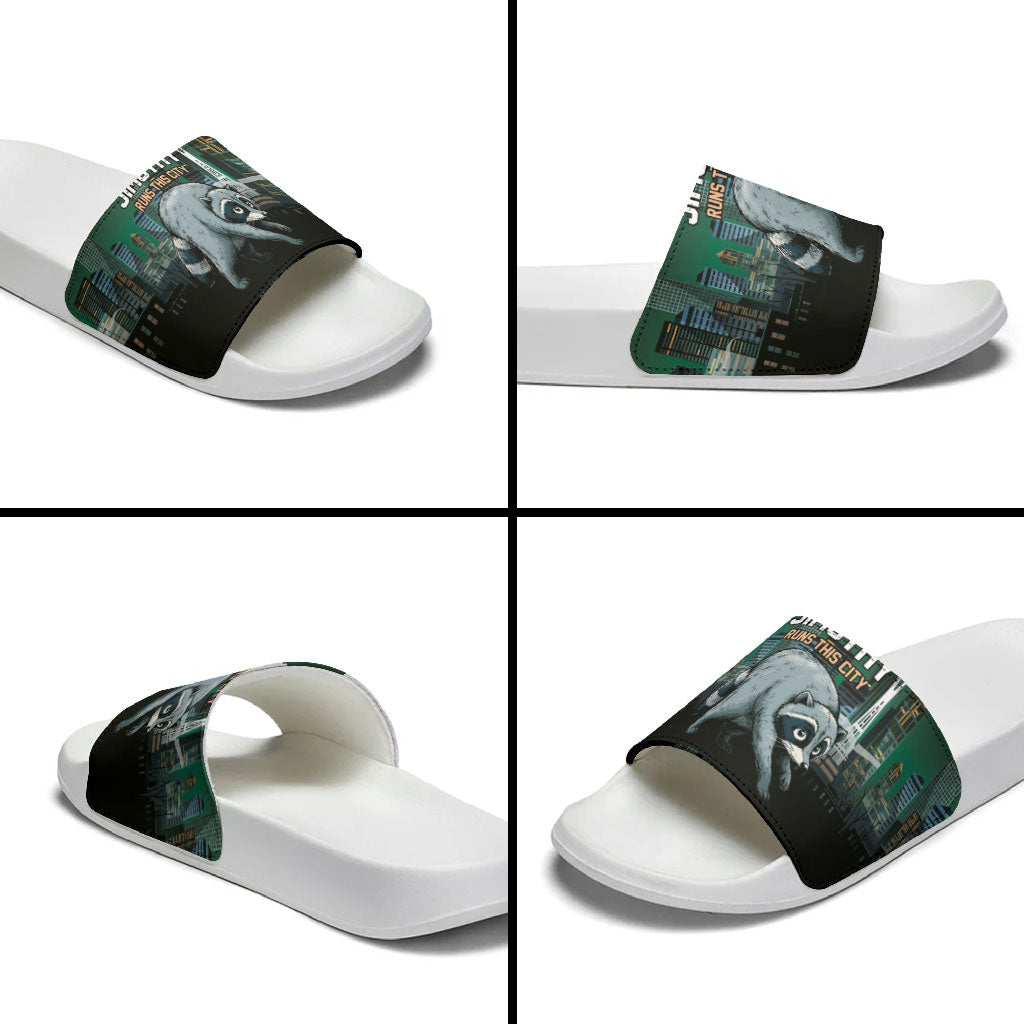 Raccoon Jimothy Runs This City Slide Sandals