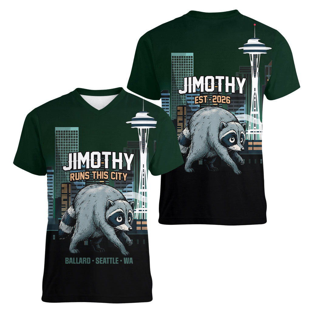 Raccoon Jimothy Runs This City Women V-Neck T-Shirt