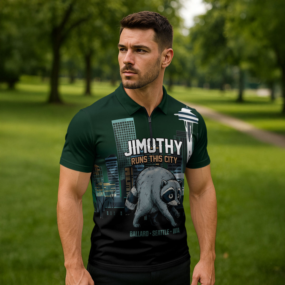 Raccoon Jimothy Runs This City Zipper Polo Shirt