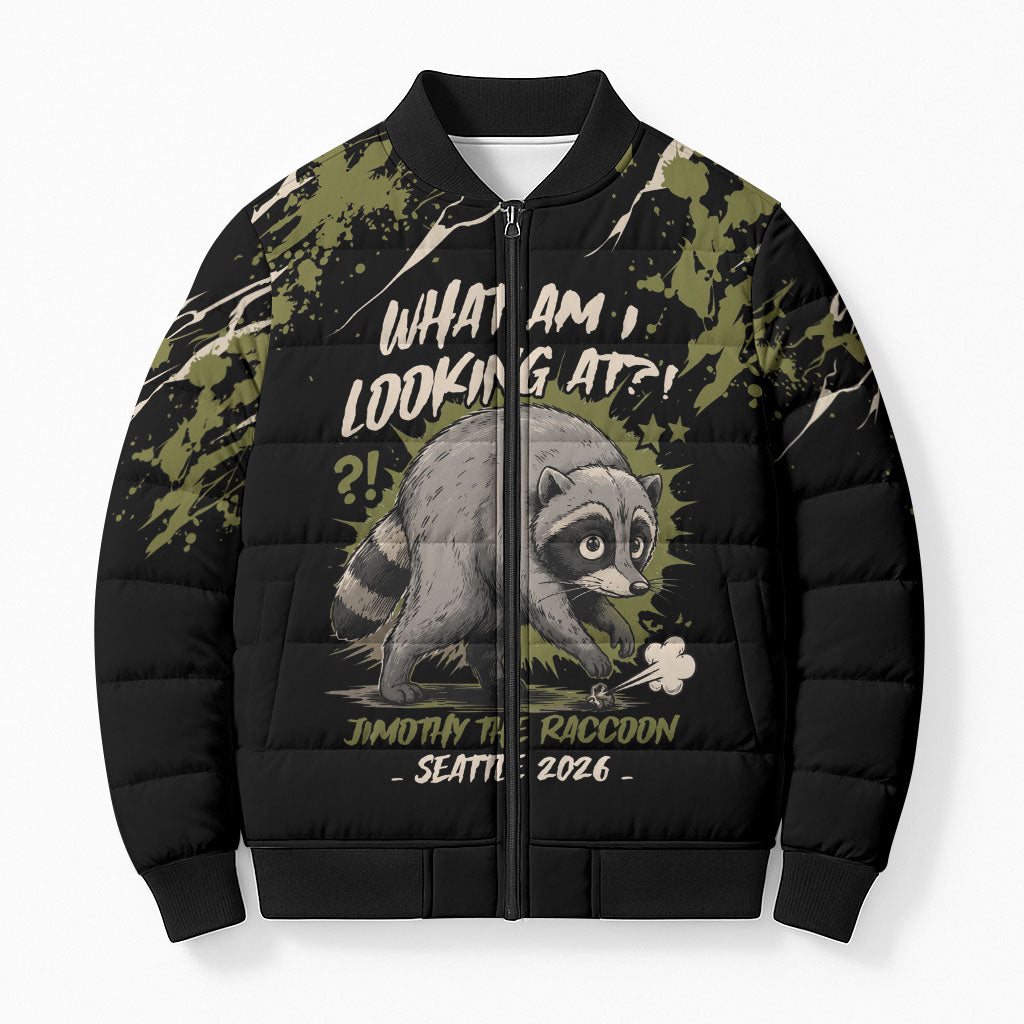 Personalized Raccoon Jimothy Meme Bomber Puffer Jacket What Am I Looking At