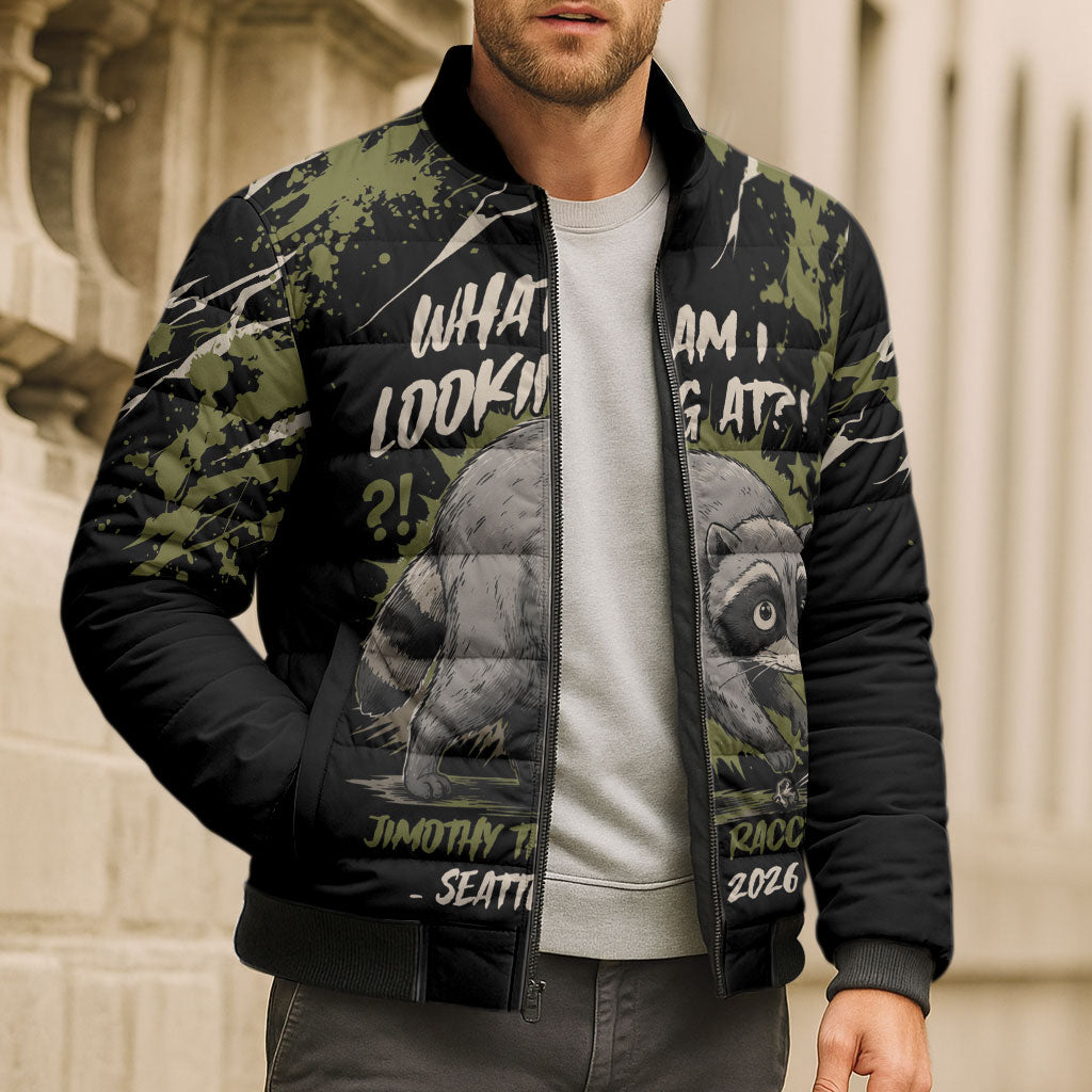 Personalized Raccoon Jimothy Meme Bomber Puffer Jacket What Am I Looking At