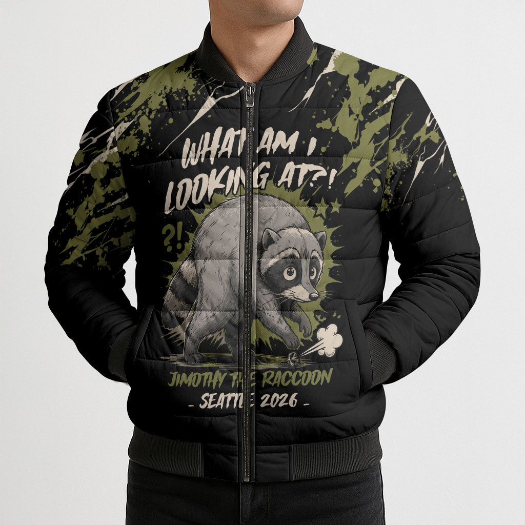 Personalized Raccoon Jimothy Meme Bomber Puffer Jacket What Am I Looking At
