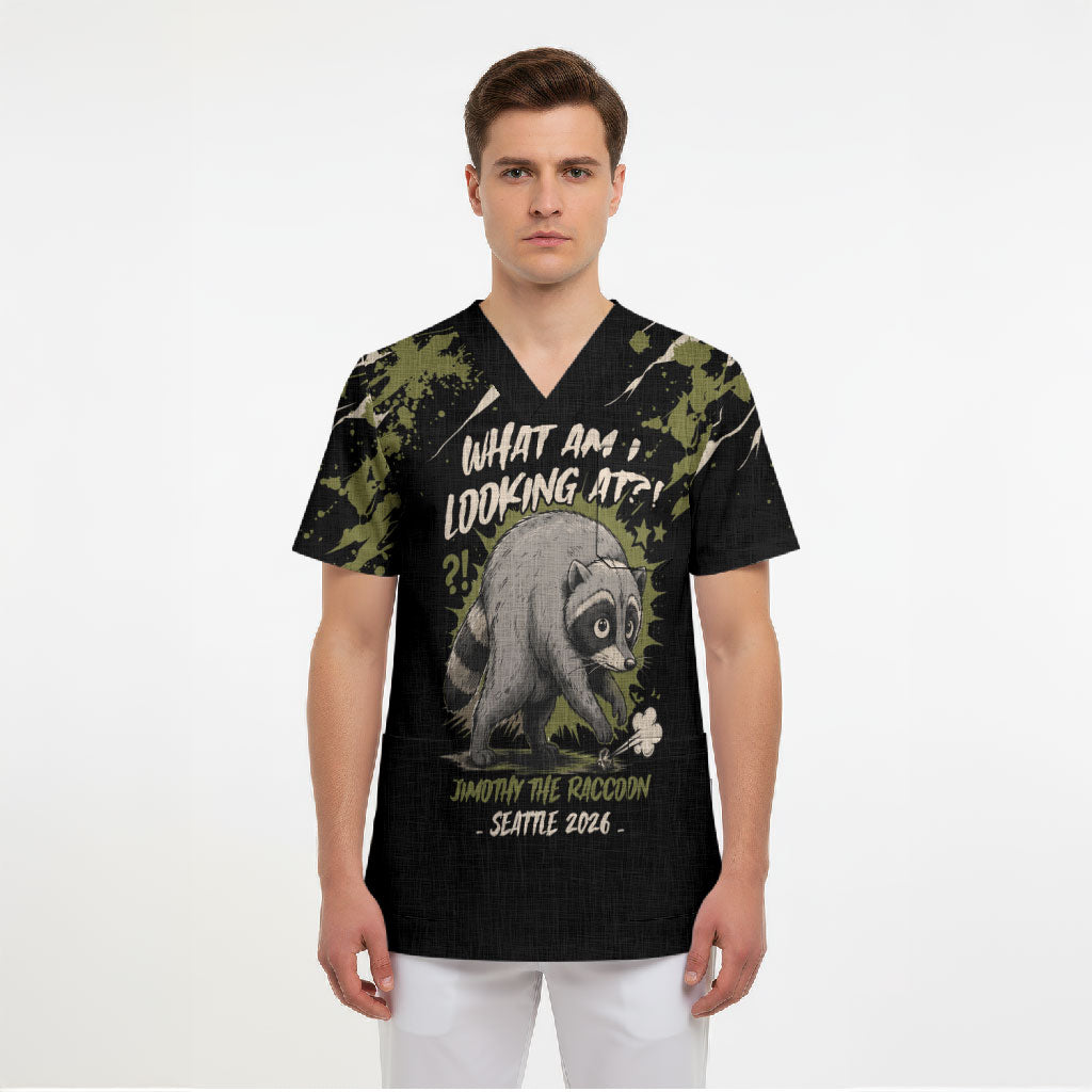 Personalized Raccoon Jimothy Meme Scrub Top What Am I Looking At