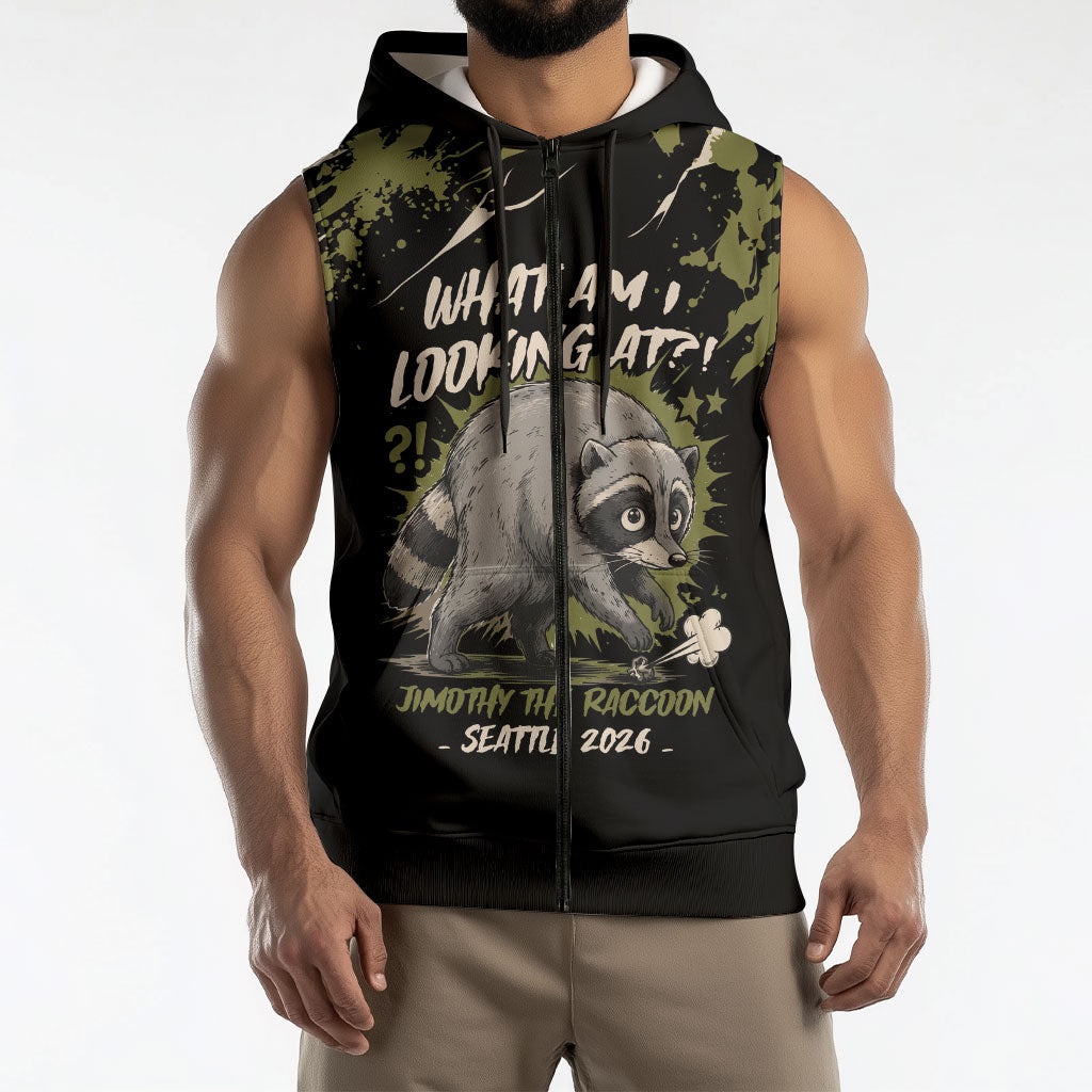 Personalized Raccoon Jimothy Meme Sleeveless Zip Hoodie What Am I Looking At