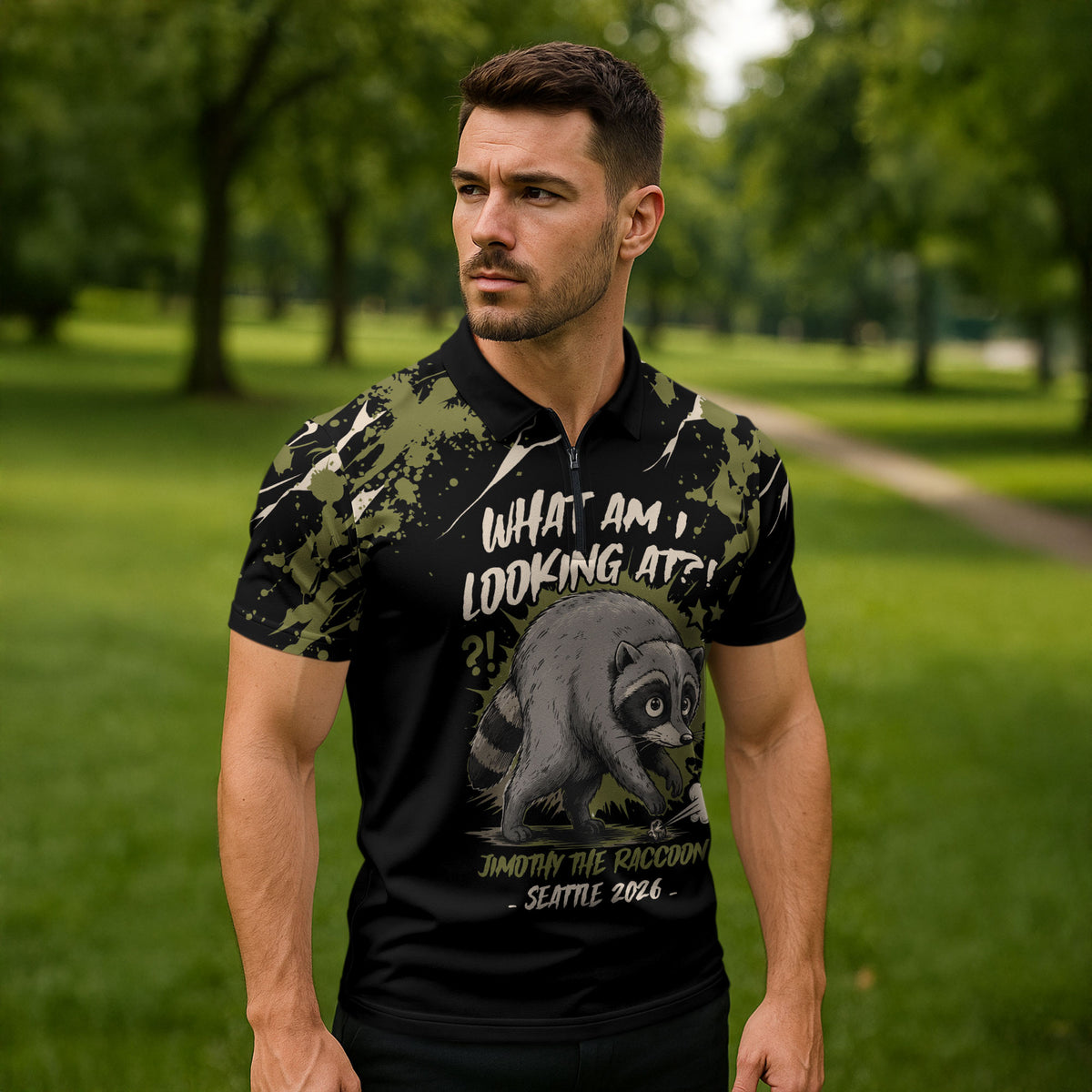 Personalized Raccoon Jimothy Meme Zipper Polo Shirt What Am I Looking At