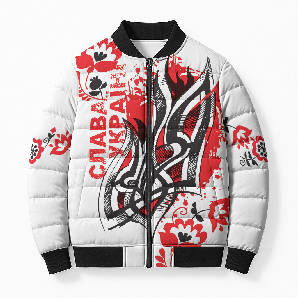 Ukrainian Heritage Tryzub Floral Bomber Puffer Jacket Ykpaiha Folk Art