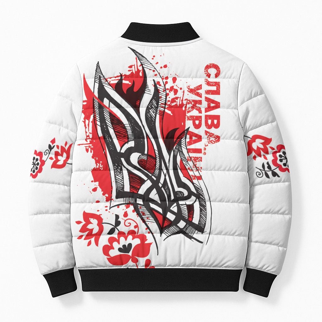 Ukrainian Heritage Tryzub Floral Bomber Puffer Jacket Ykpaiha Folk Art