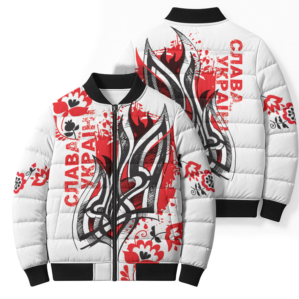 Ukrainian Heritage Tryzub Floral Bomber Puffer Jacket Ykpaiha Folk Art