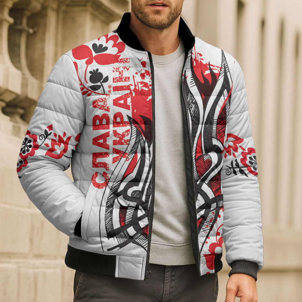 Ukrainian Heritage Tryzub Floral Bomber Puffer Jacket Ykpaiha Folk Art