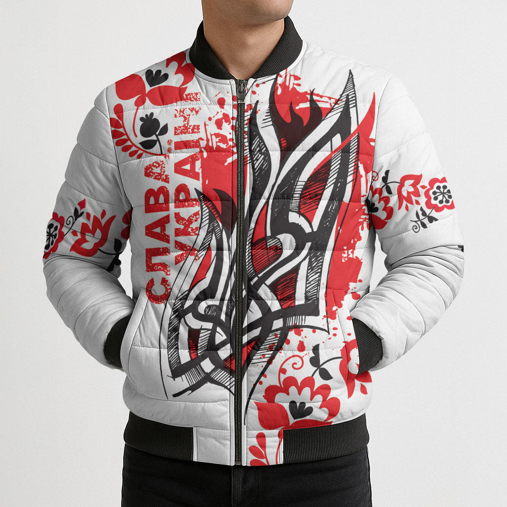 Ukrainian Heritage Tryzub Floral Bomber Puffer Jacket Ykpaiha Folk Art