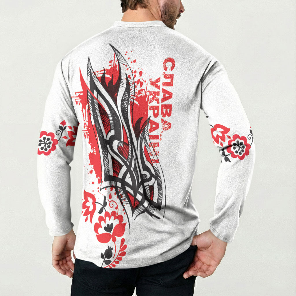 Ukrainian Heritage Tryzub Floral Button Sweatshirt Ykpaiha Folk Art