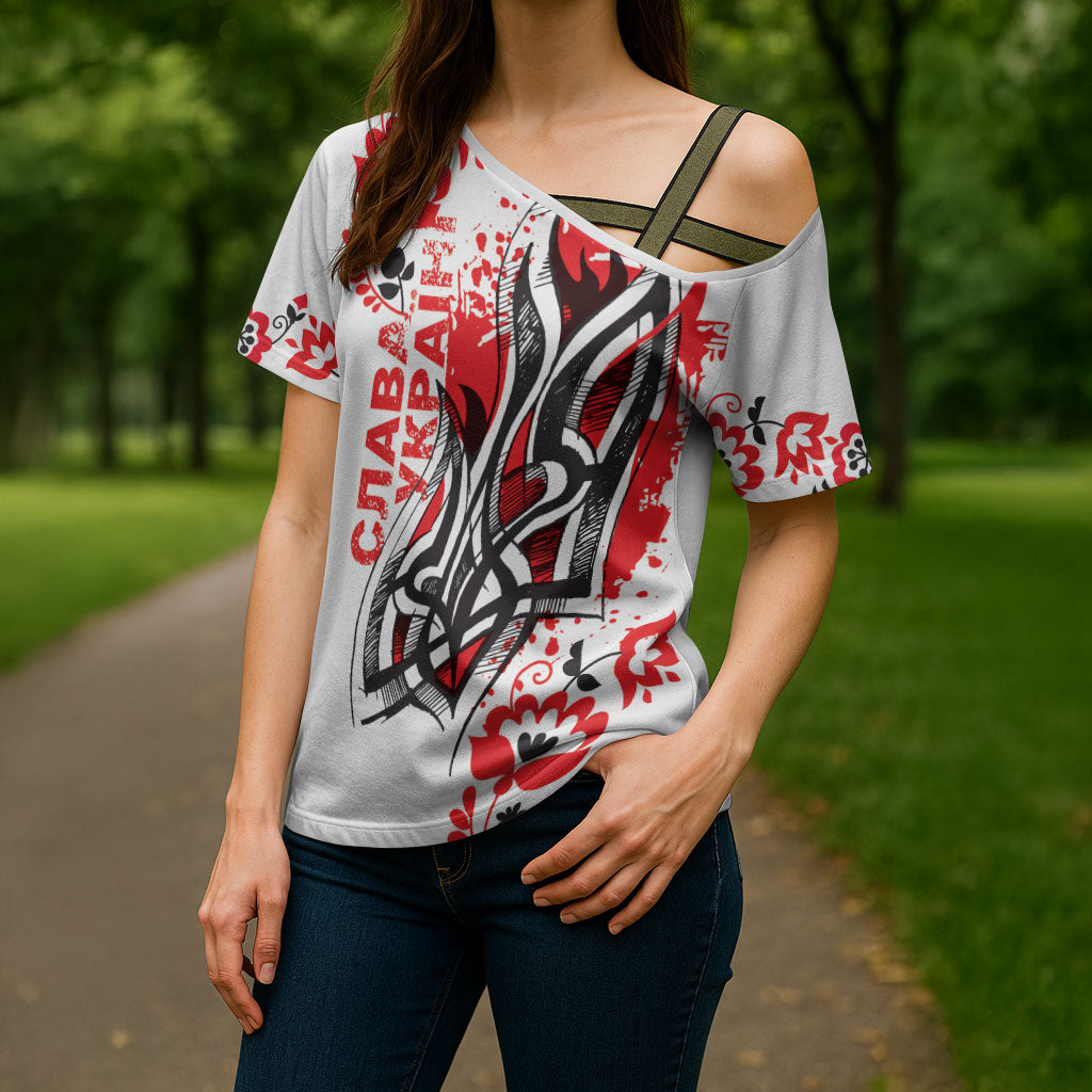 Ukrainian Heritage Tryzub Floral Cross Shoulder Shirt Ykpaiha Folk Art