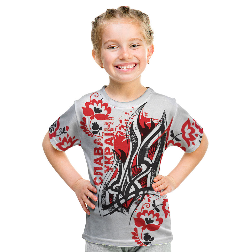 Ukrainian Heritage Tryzub Floral Kid T Shirt Ykpaiha Folk Art