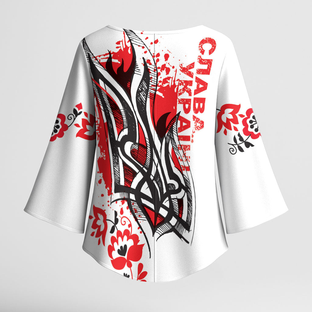 Ukrainian Heritage Tryzub Floral Kimono Sleeve Blouse Ykpaiha Folk Art