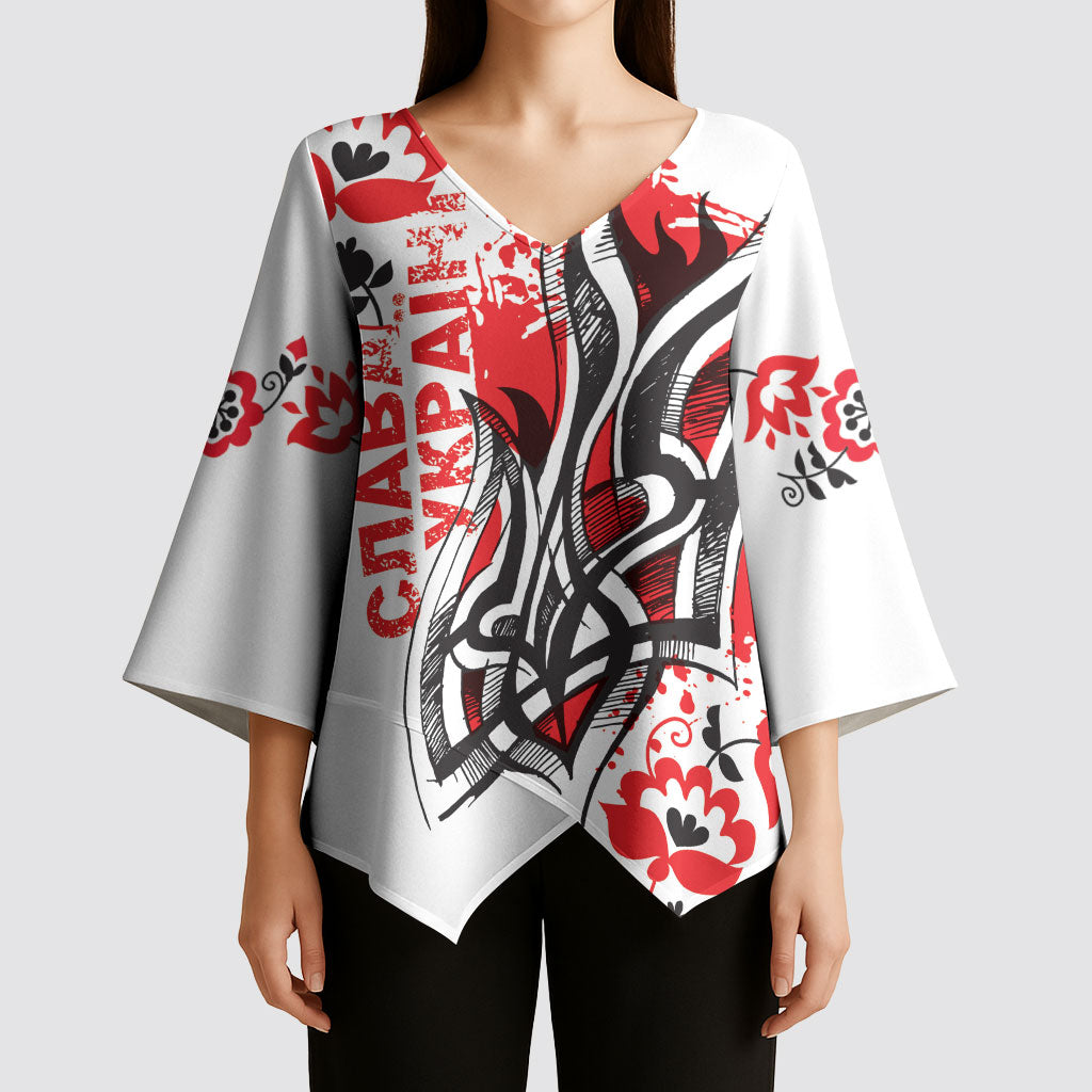 Ukrainian Heritage Tryzub Floral Kimono Sleeve Blouse Ykpaiha Folk Art