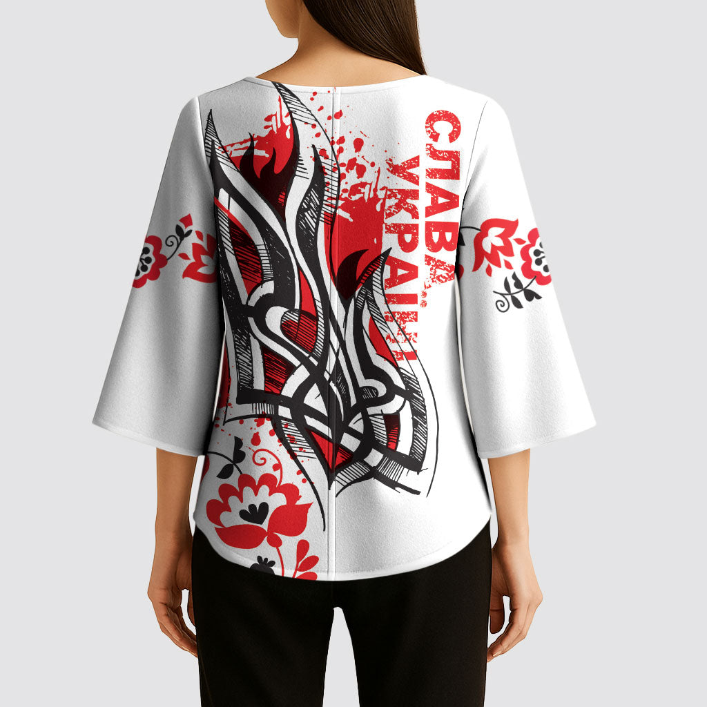 Ukrainian Heritage Tryzub Floral Kimono Sleeve Blouse Ykpaiha Folk Art