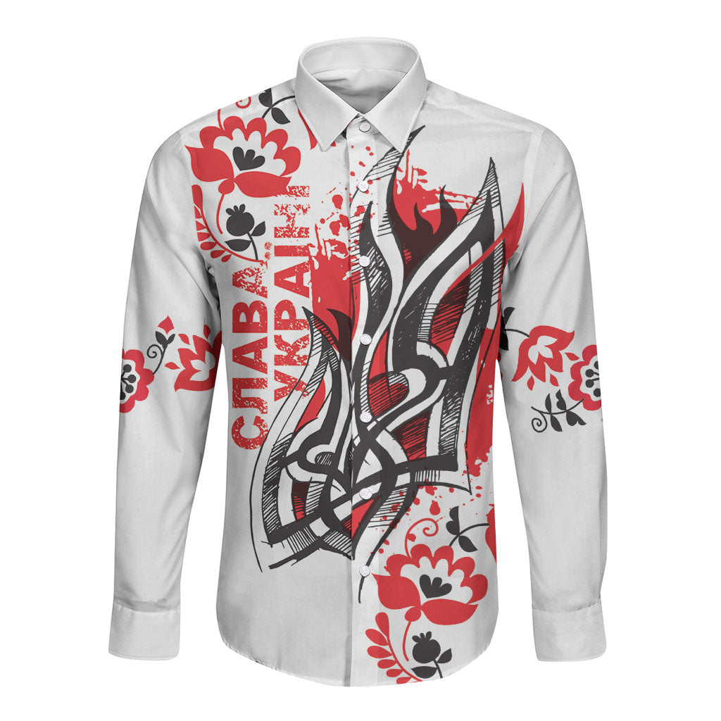 Ukrainian Heritage Tryzub Floral Long Sleeve Button Shirt Ykpaiha Folk Art