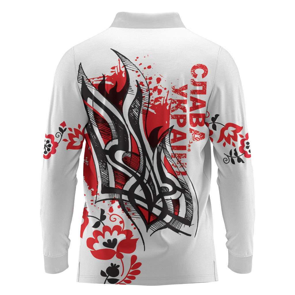 Ukrainian Heritage Tryzub Floral Long Sleeve Polo Shirt Ykpaiha Folk Art