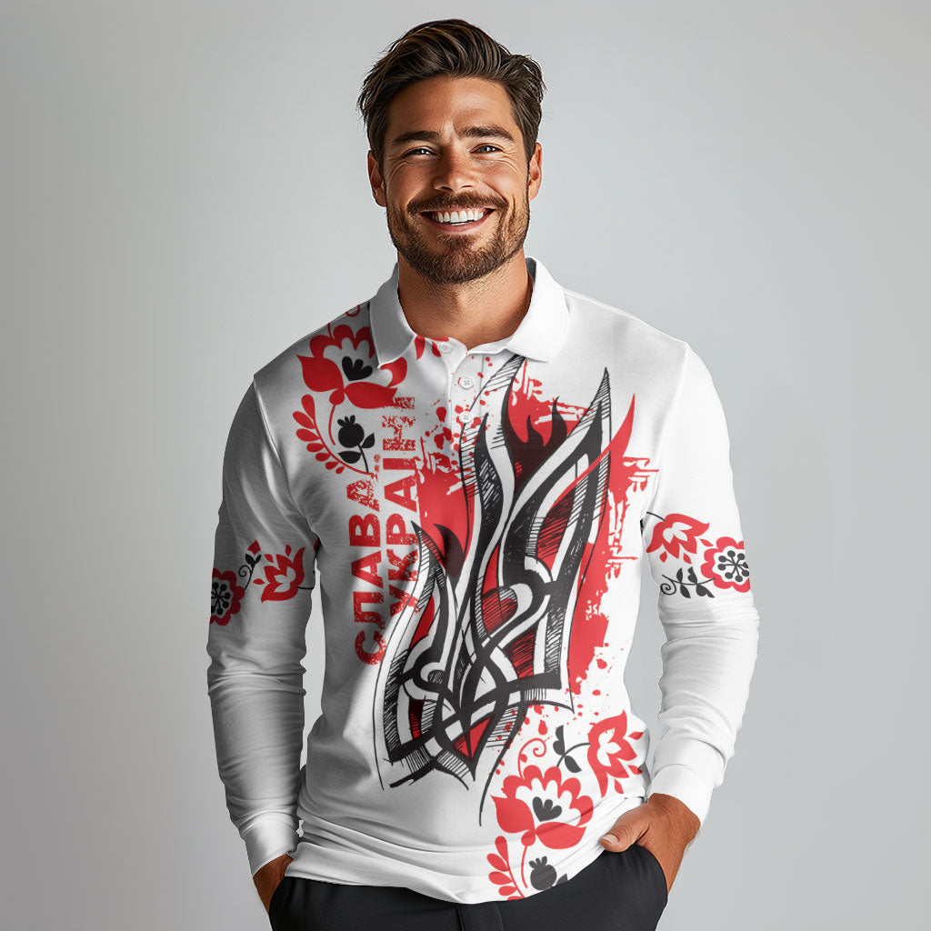 Ukrainian Heritage Tryzub Floral Long Sleeve Polo Shirt Ykpaiha Folk Art